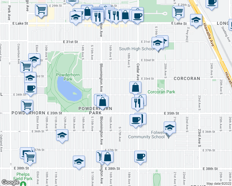 map of restaurants, bars, coffee shops, grocery stores, and more near 1614 East 34th Street in Minneapolis