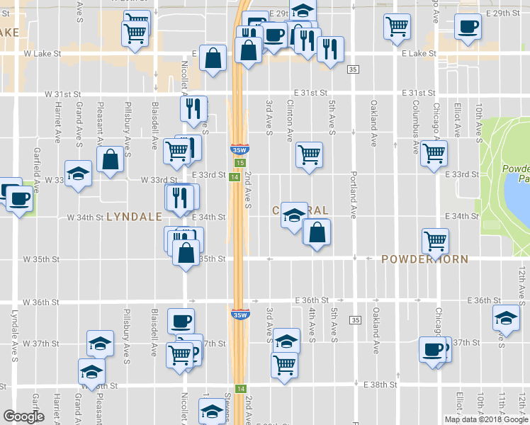 map of restaurants, bars, coffee shops, grocery stores, and more near 3346 3rd Avenue South in Minneapolis