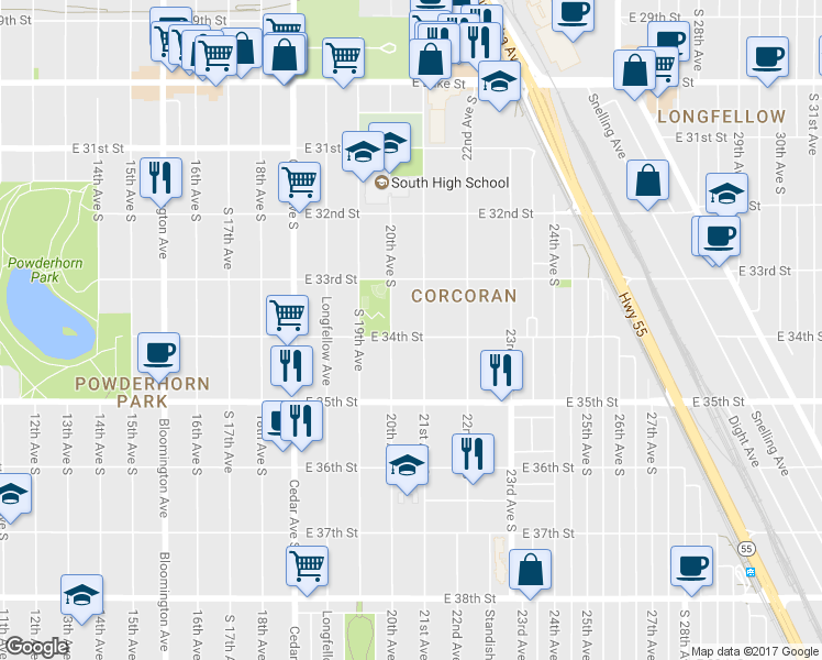 map of restaurants, bars, coffee shops, grocery stores, and more near 2012 East 34th Street in Minneapolis