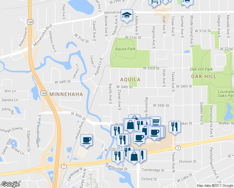 map of restaurants, bars, coffee shops, grocery stores, and more near 3416 Zinran Avenue South in Minneapolis