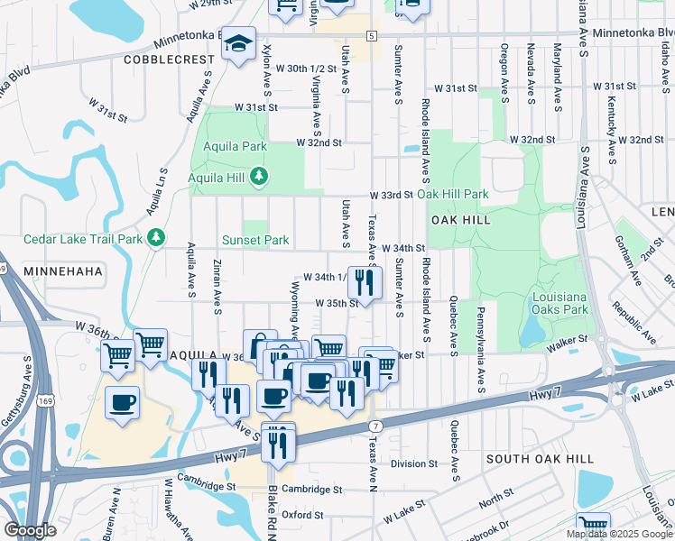 map of restaurants, bars, coffee shops, grocery stores, and more near 8100 West 34th 1/2 Street in Minneapolis