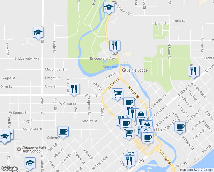 map of restaurants, bars, coffee shops, grocery stores, and more near 12 East Elm Street in Chippewa Falls