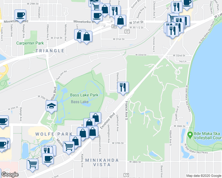 map of restaurants, bars, coffee shops, grocery stores, and more near 3341 Huntington Avenue in Minneapolis