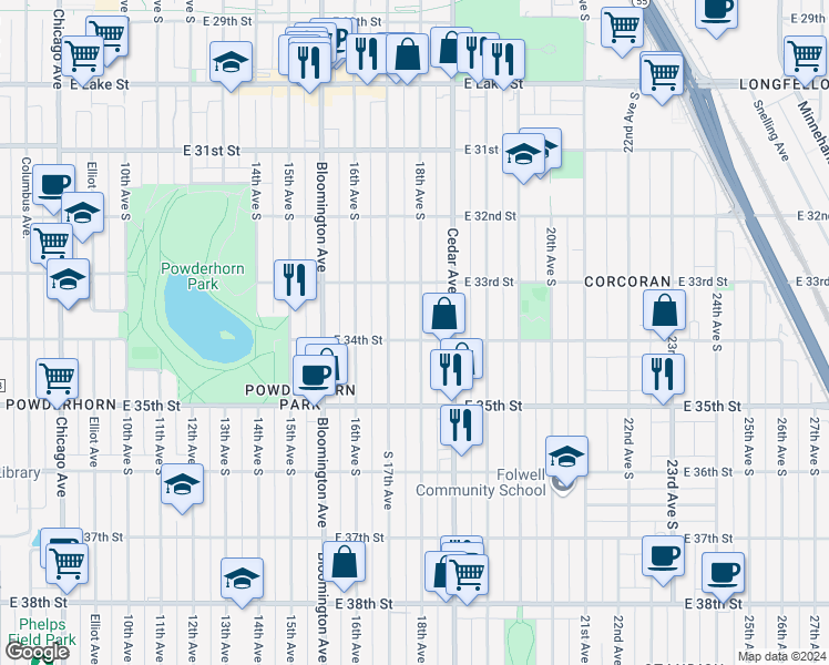 map of restaurants, bars, coffee shops, grocery stores, and more near 3338 18th Avenue South in Minneapolis
