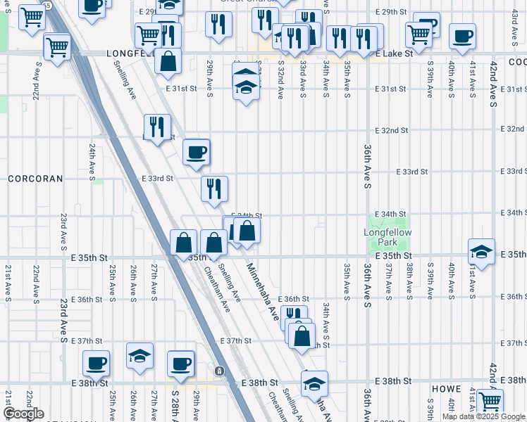 map of restaurants, bars, coffee shops, grocery stores, and more near 3353 South 31st Avenue in Minneapolis