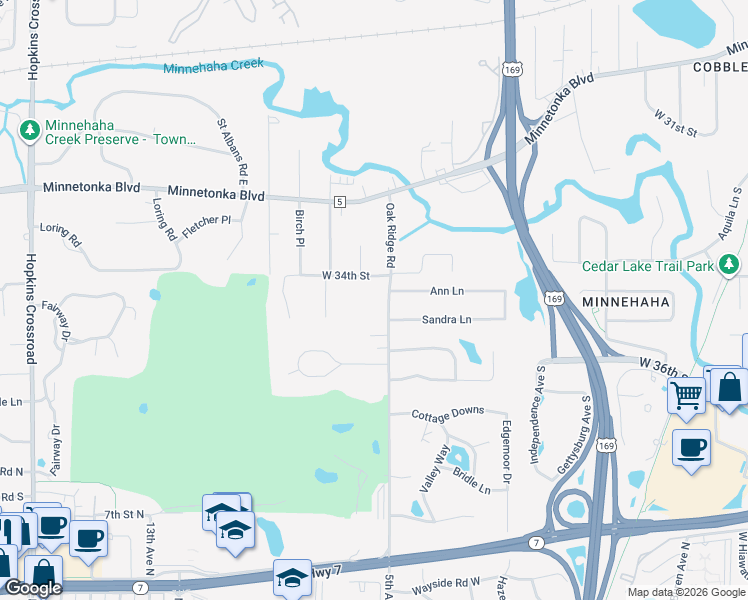 map of restaurants, bars, coffee shops, grocery stores, and more near 3412 Oak Ridge Road in Hopkins