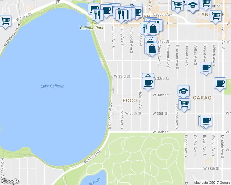 map of restaurants, bars, coffee shops, grocery stores, and more near 3357 East Calhoun Parkway in Minneapolis