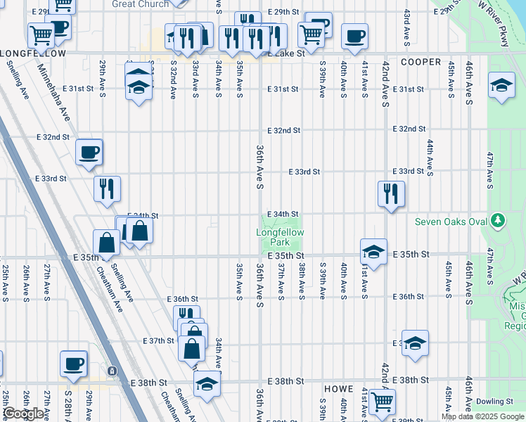 map of restaurants, bars, coffee shops, grocery stores, and more near 3359 36th Avenue South in Minneapolis