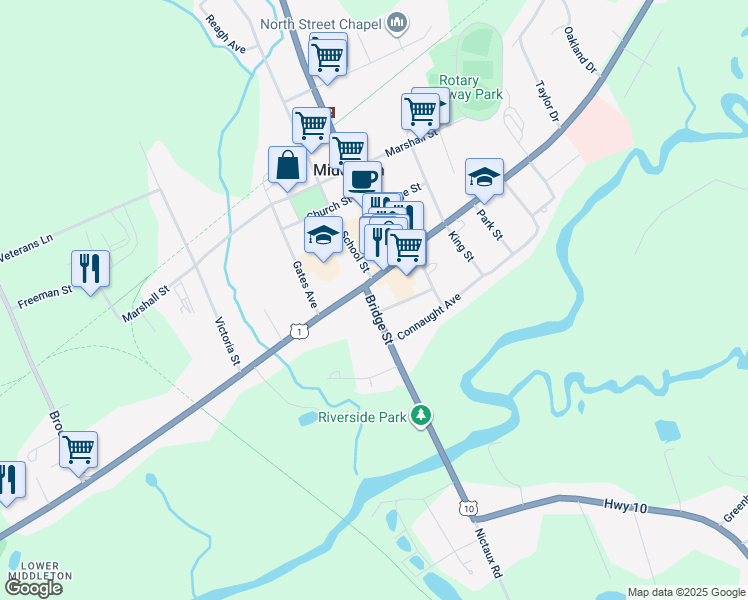 map of restaurants, bars, coffee shops, grocery stores, and more near 7a Bridge Street in Middleton