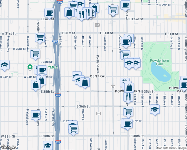map of restaurants, bars, coffee shops, grocery stores, and more near 510 East 34th Street in Minneapolis