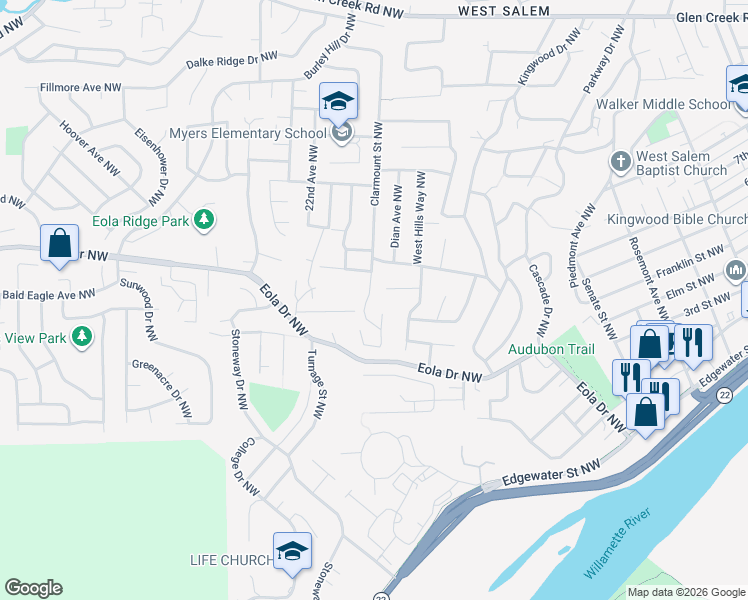 map of restaurants, bars, coffee shops, grocery stores, and more near 542 Clarmount Court Northwest in Salem