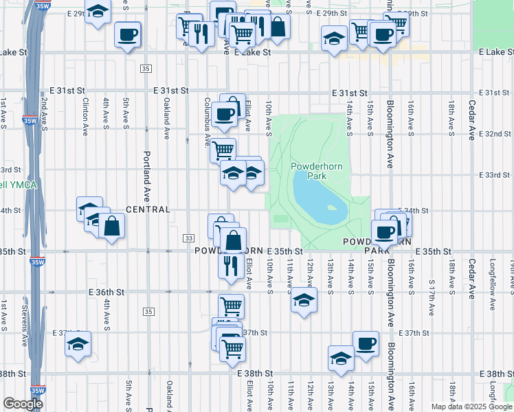 map of restaurants, bars, coffee shops, grocery stores, and more near 8 East 34th Street in Minneapolis