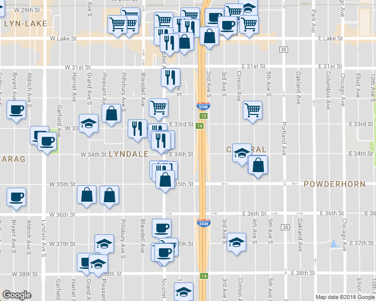 map of restaurants, bars, coffee shops, grocery stores, and more near 112 East 34th Street in Minneapolis