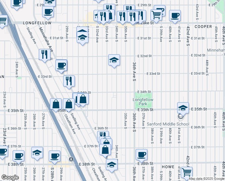 map of restaurants, bars, coffee shops, grocery stores, and more near 3352 East 34th Street in Minneapolis
