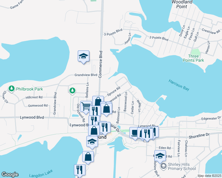 map of restaurants, bars, coffee shops, grocery stores, and more near 5510 Spruce Rd in Mound