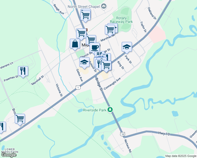 map of restaurants, bars, coffee shops, grocery stores, and more near 7 Bridge Street in Middleton