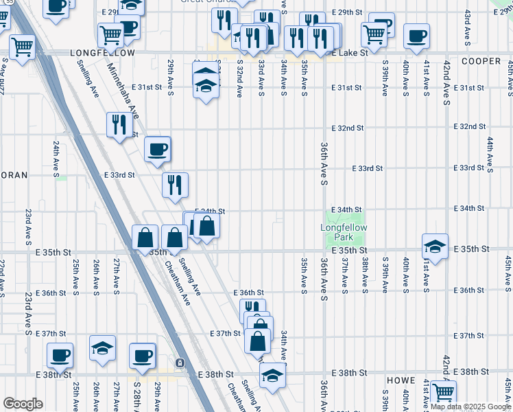 map of restaurants, bars, coffee shops, grocery stores, and more near 3352 33rd Avenue South in Minneapolis