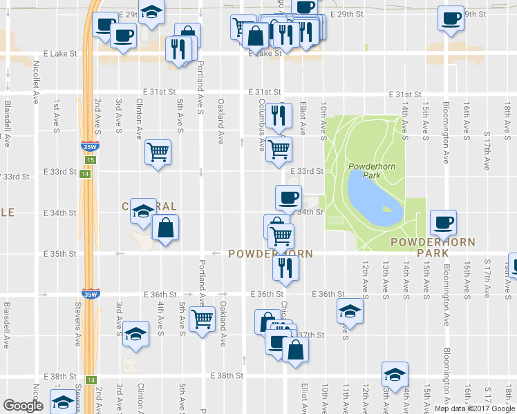 map of restaurants, bars, coffee shops, grocery stores, and more near 3354 Columbus Avenue in Minneapolis