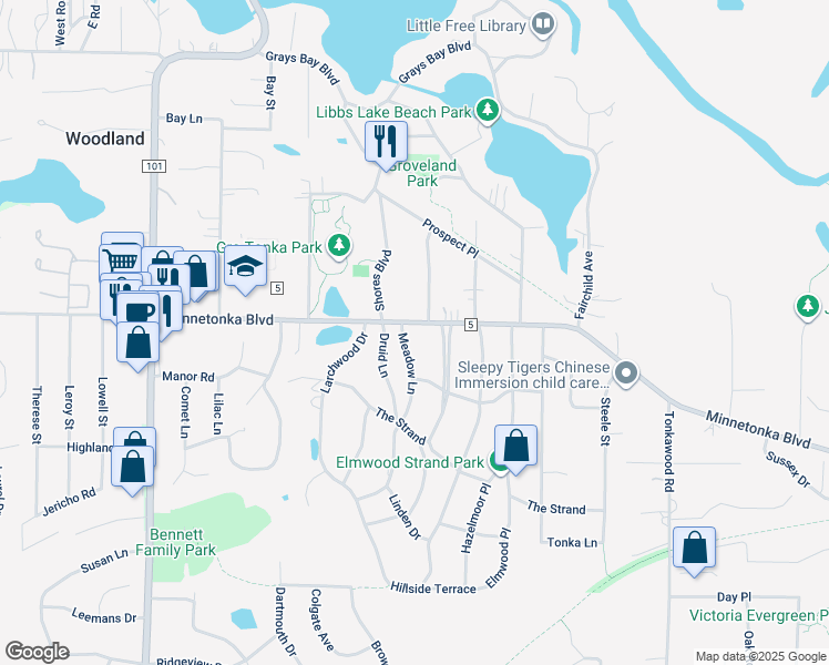 map of restaurants, bars, coffee shops, grocery stores, and more near 3401 Meadow Lane in Minnetonka