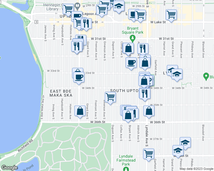 map of restaurants, bars, coffee shops, grocery stores, and more near 3345 Emerson Avenue South in Minneapolis