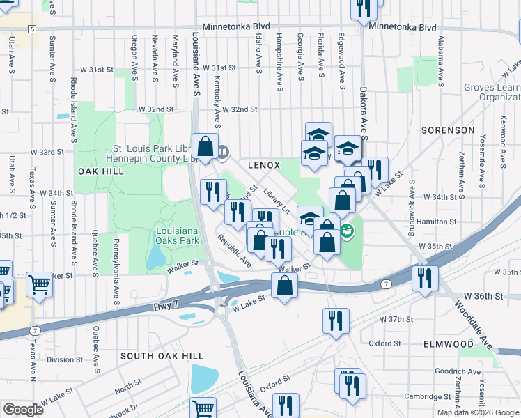 map of restaurants, bars, coffee shops, grocery stores, and more near 3312 Brownlow Avenue in Minneapolis