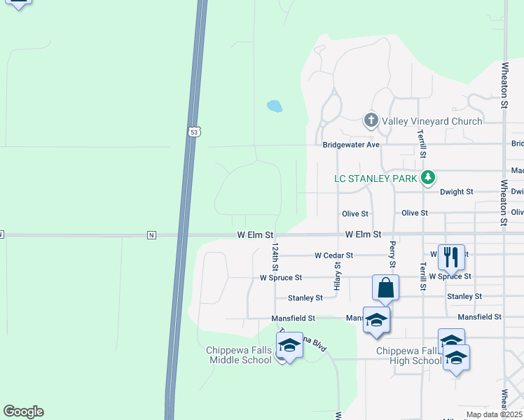 map of restaurants, bars, coffee shops, grocery stores, and more near 6691 124th Street in Chippewa Falls