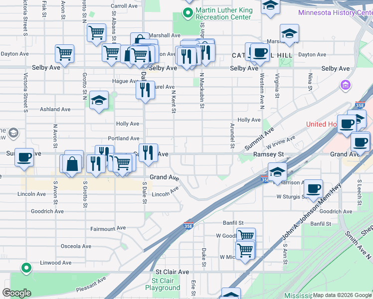 map of restaurants, bars, coffee shops, grocery stores, and more near 545 Summit Avenue in Saint Paul
