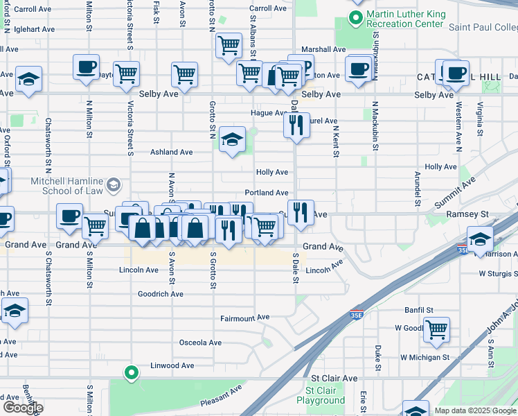 map of restaurants, bars, coffee shops, grocery stores, and more near 683 Summit Avenue in Saint Paul
