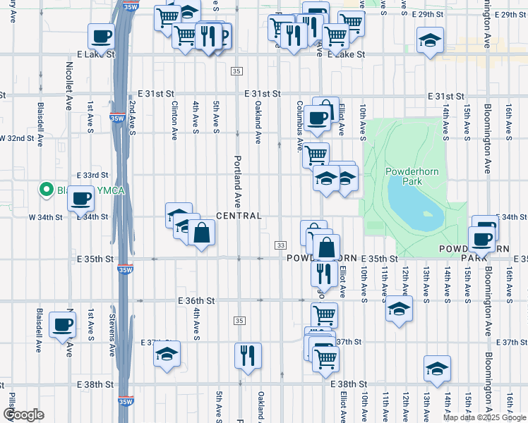 map of restaurants, bars, coffee shops, grocery stores, and more near 3356 Park Avenue in Minneapolis