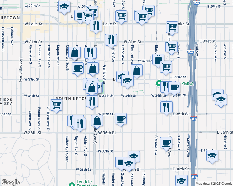 map of restaurants, bars, coffee shops, grocery stores, and more near in Minneapolis