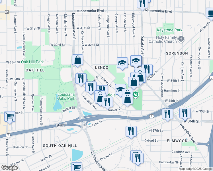 map of restaurants, bars, coffee shops, grocery stores, and more near 3338 Library Lane in St. Louis Park