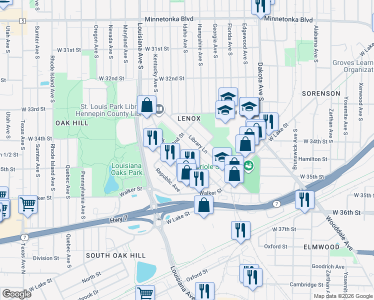 map of restaurants, bars, coffee shops, grocery stores, and more near 3312 Brownlow Avenue in Minneapolis