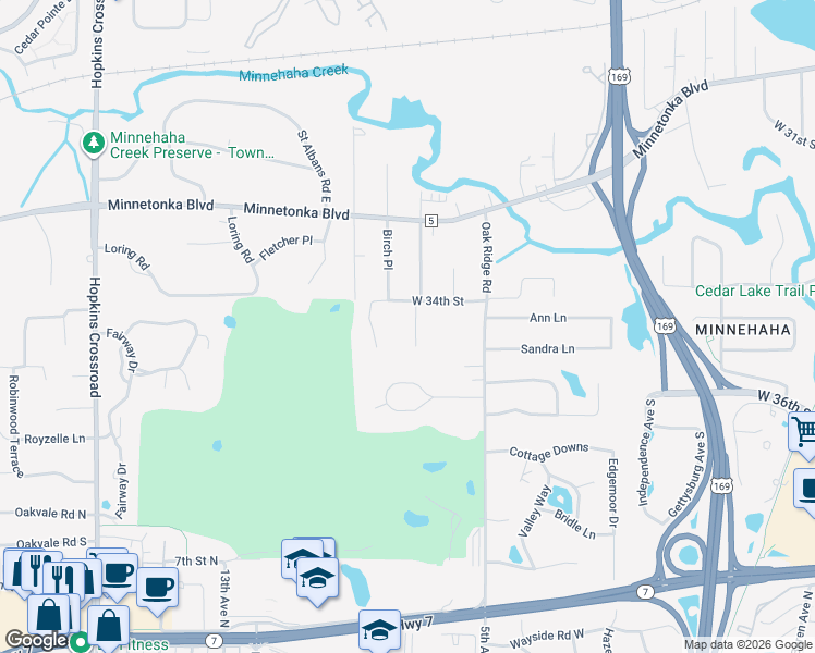 map of restaurants, bars, coffee shops, grocery stores, and more near 10402 West 34th Circle in Minnetonka