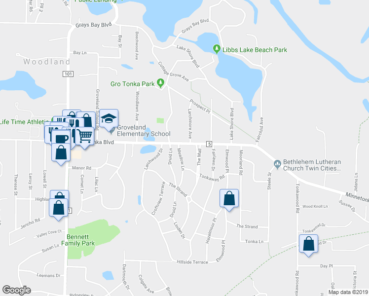 map of restaurants, bars, coffee shops, grocery stores, and more near 3401 Meadow Lane in Minnetonka