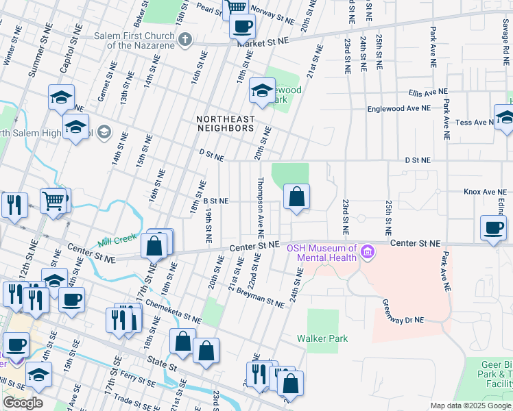 map of restaurants, bars, coffee shops, grocery stores, and more near 695 Thompson Avenue Northeast in Salem