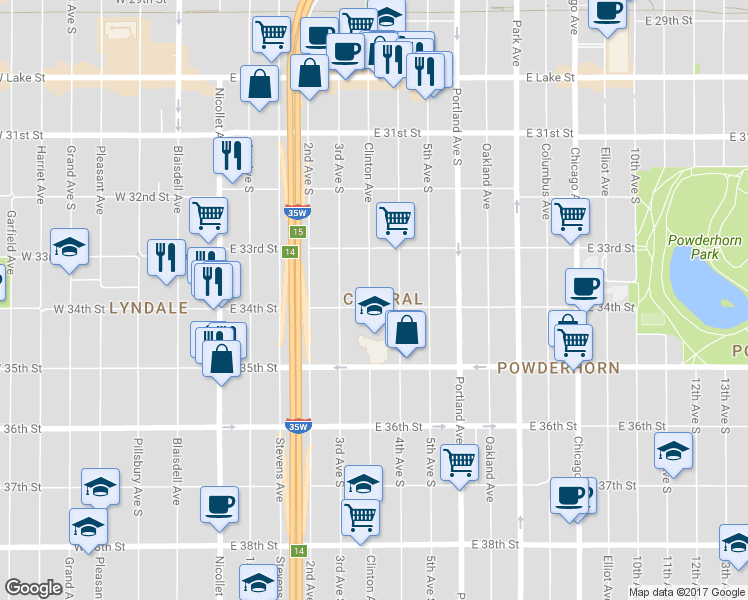 map of restaurants, bars, coffee shops, grocery stores, and more near 326 East 34th Street in Minneapolis