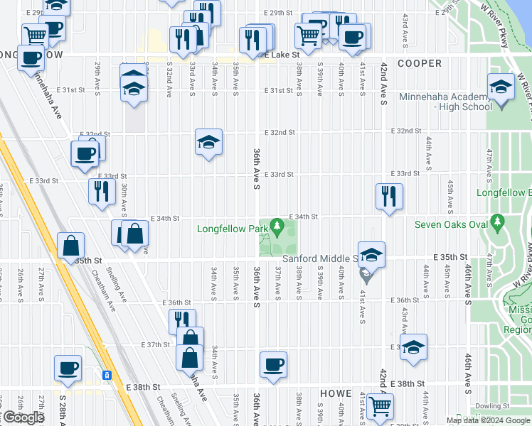 map of restaurants, bars, coffee shops, grocery stores, and more near 3359 36th Avenue South in Minneapolis