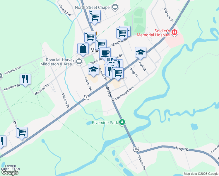 map of restaurants, bars, coffee shops, grocery stores, and more near 7 Bridge Street in Middleton