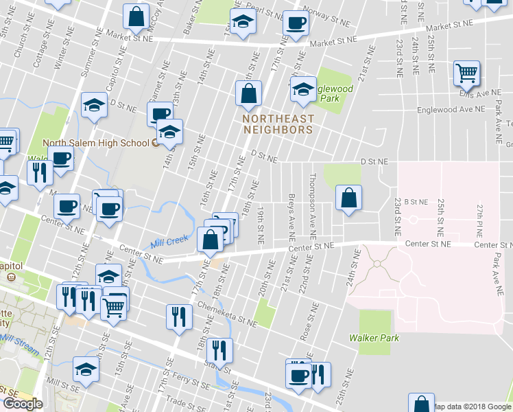 map of restaurants, bars, coffee shops, grocery stores, and more near 1870 B Street Northeast in Salem