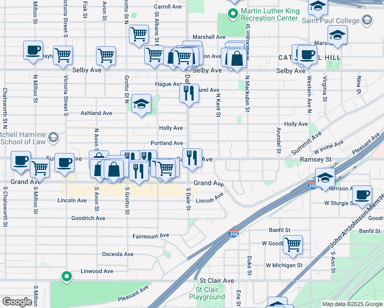 map of restaurants, bars, coffee shops, grocery stores, and more near 615 Summit Avenue in Saint Paul