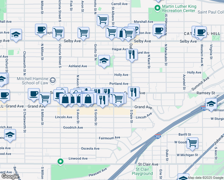 map of restaurants, bars, coffee shops, grocery stores, and more near 683 Summit Avenue in Saint Paul