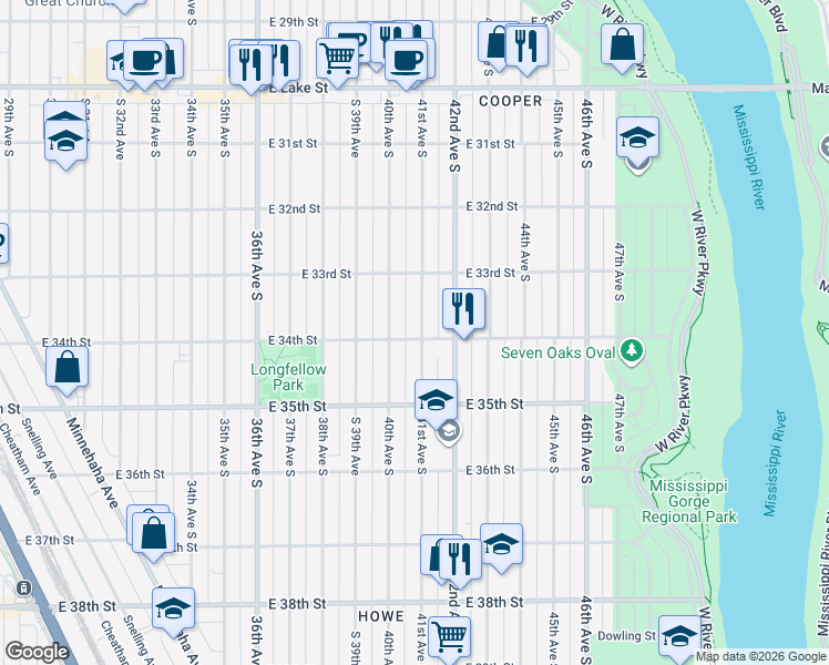 map of restaurants, bars, coffee shops, grocery stores, and more near 3358 41st Avenue South in Minneapolis