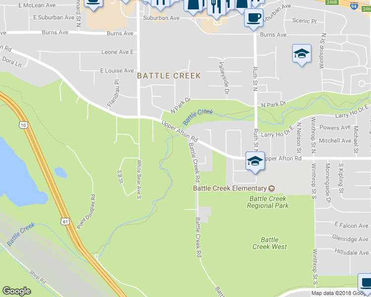 map of restaurants, bars, coffee shops, grocery stores, and more near 3 Battle Creek Road in Saint Paul
