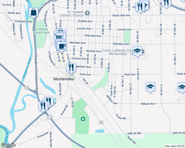 map of restaurants, bars, coffee shops, grocery stores, and more near 502 South 7th Street in Montevideo