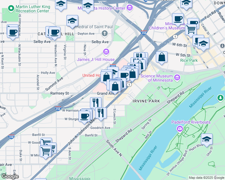 map of restaurants, bars, coffee shops, grocery stores, and more near 314 Smith Avenue North in Saint Paul