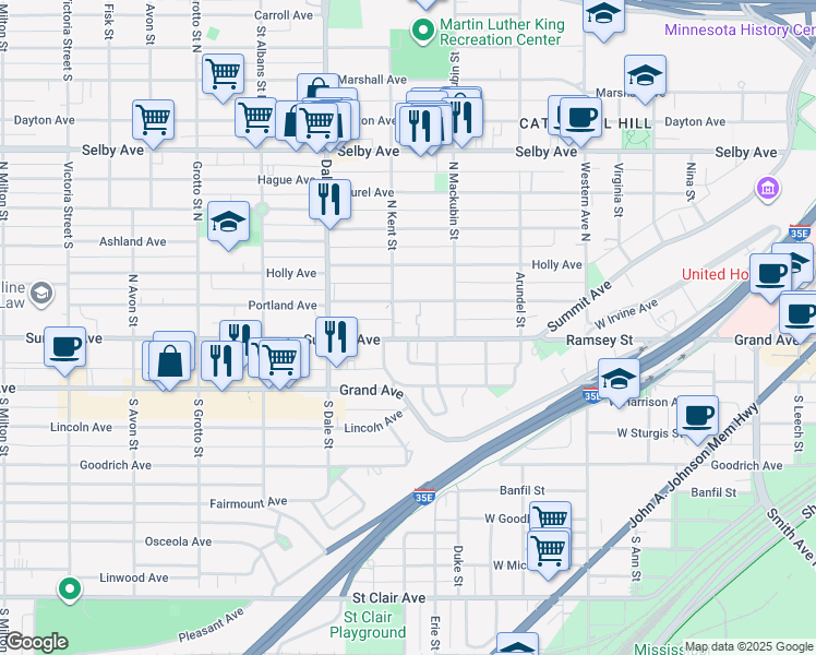 map of restaurants, bars, coffee shops, grocery stores, and more near 545 Summit Avenue in Saint Paul