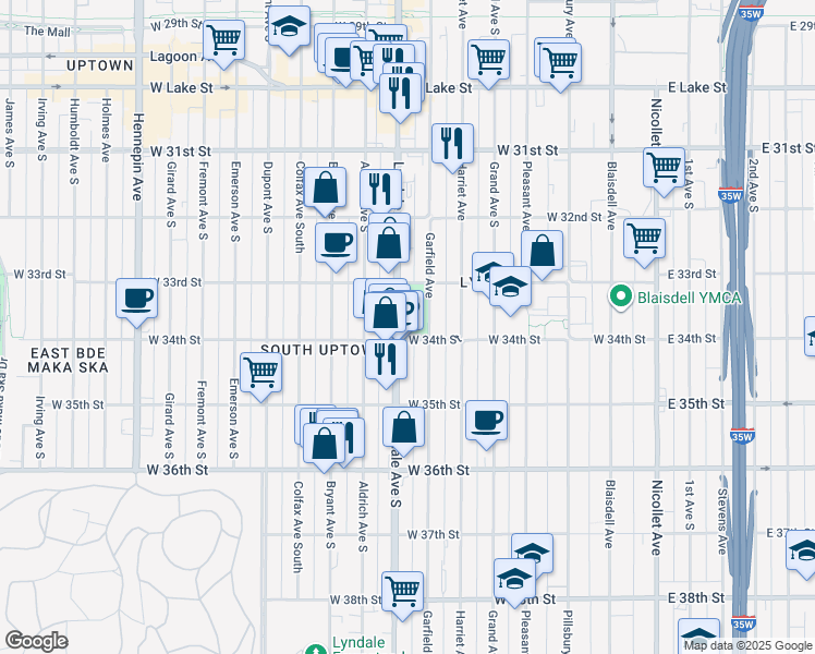 map of restaurants, bars, coffee shops, grocery stores, and more near 620 West 34th Street in Minneapolis
