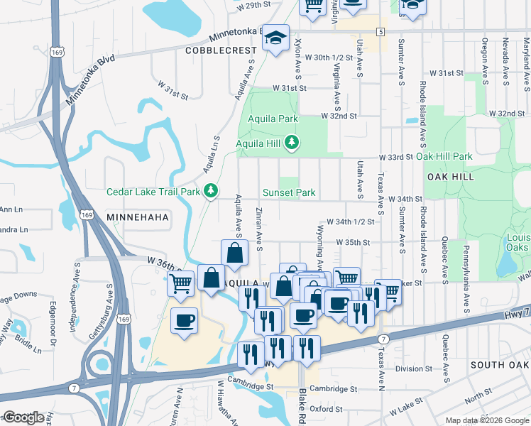 map of restaurants, bars, coffee shops, grocery stores, and more near 3416 Zinran Avenue South in Minneapolis