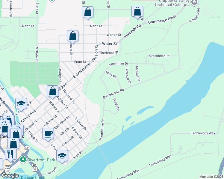 map of restaurants, bars, coffee shops, grocery stores, and more near 611 Dutchman Drive in Chippewa Falls