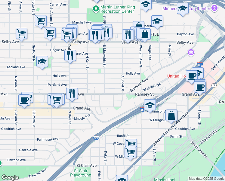 map of restaurants, bars, coffee shops, grocery stores, and more near 475 Summit Avenue in Saint Paul